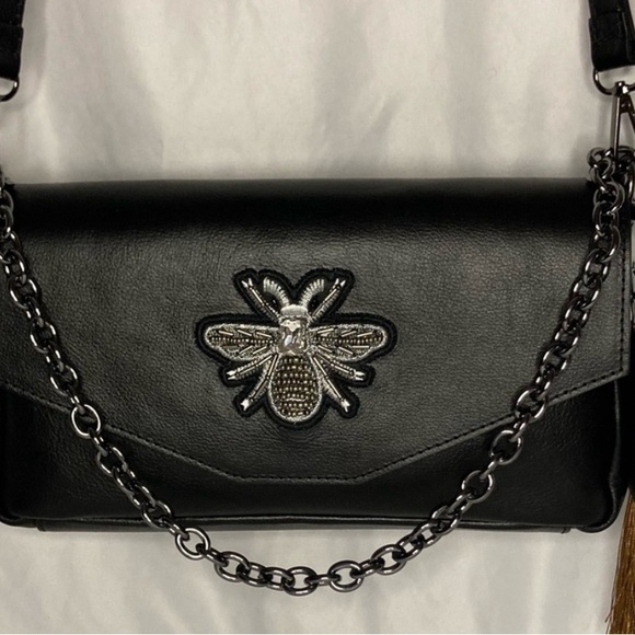 Black Leather Chain Bag with Bee Embellishment “The house Of Harlow 1960” NWOT